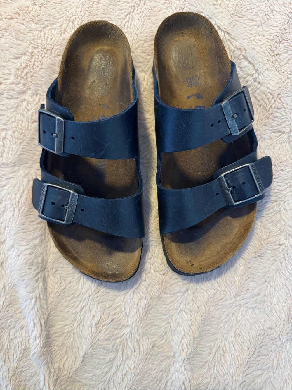 Birkenstock Arizona Two-Strap Sandals Leather Deep Navy Blue Size 6 Cork Footbed
